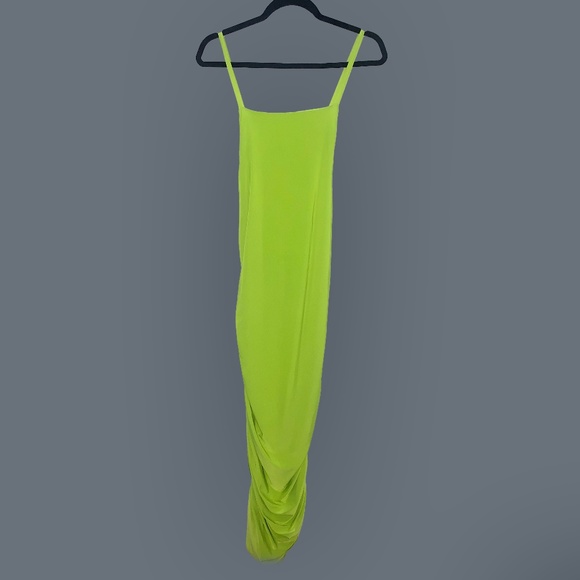 Neon Yellow, Midi, Bodycon Ruched Dress - Picture 1 of 8